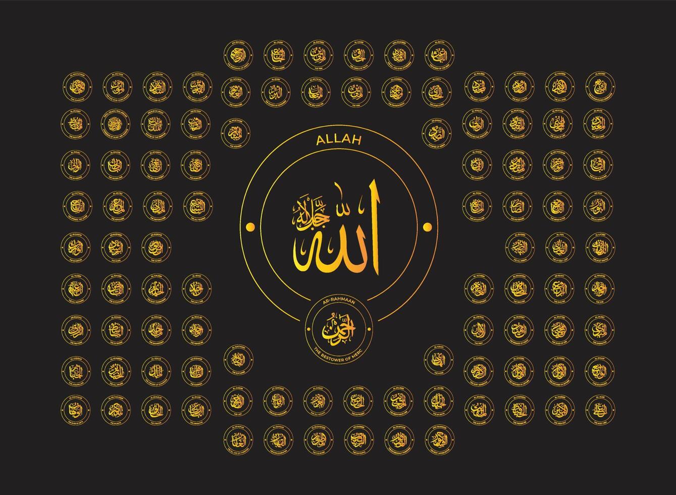 Allah names, Allah, names of Allah, Islam, names, Allahu akbar, ninety nine names of Allah, Islamic reminders, islamic quotes, calligraphy art, Islamic, names of god, Islamic art vector