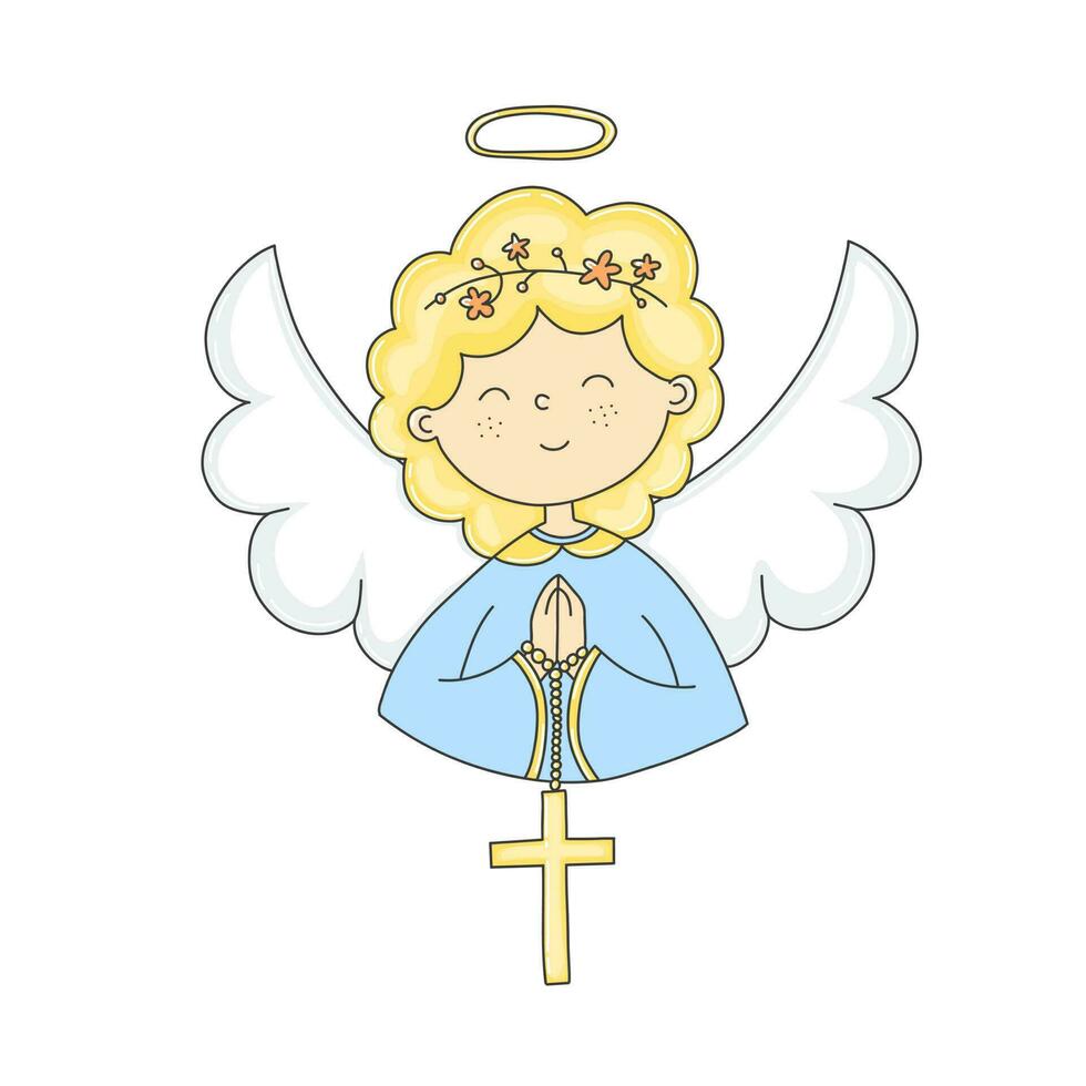 un linda ángel niña sostiene un cruzar invitación tarjeta para bautismo día bautizado y bendito sencillo color garabatear vector ilustración