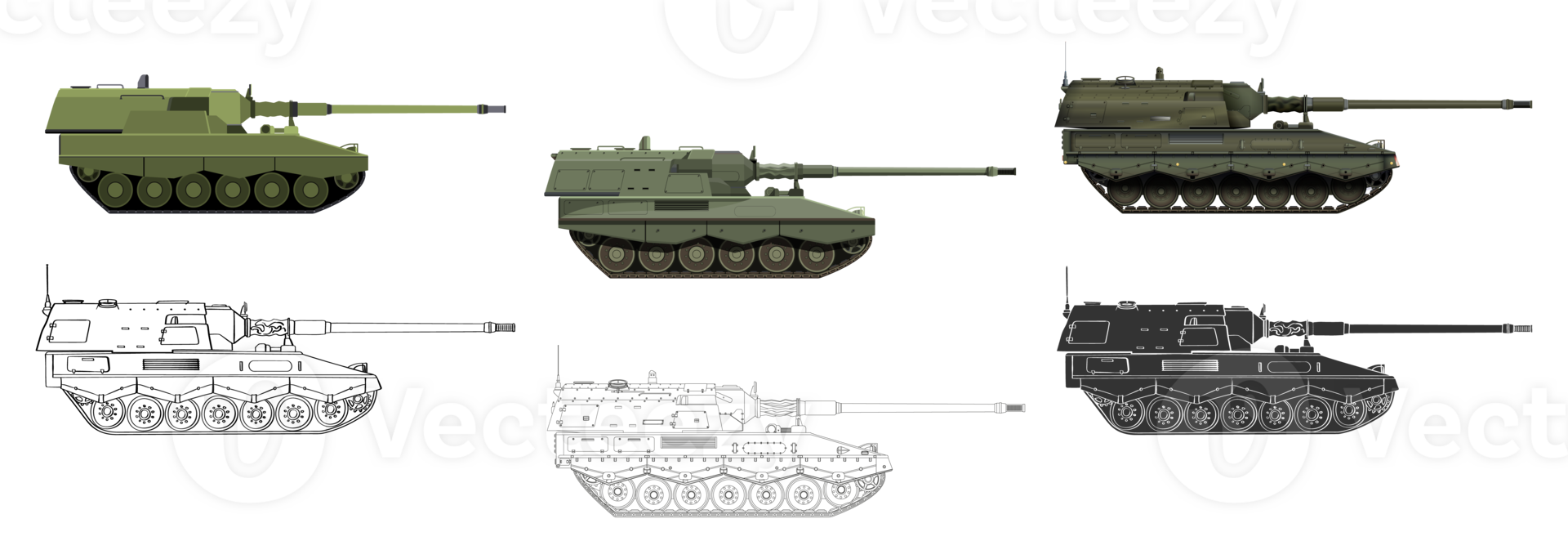 Artillery system SET. Self-propelled howitzer. German 155 mm Panzerhaubitze 2000. Military armored vehicle. Detailed colorful PNG illustration.