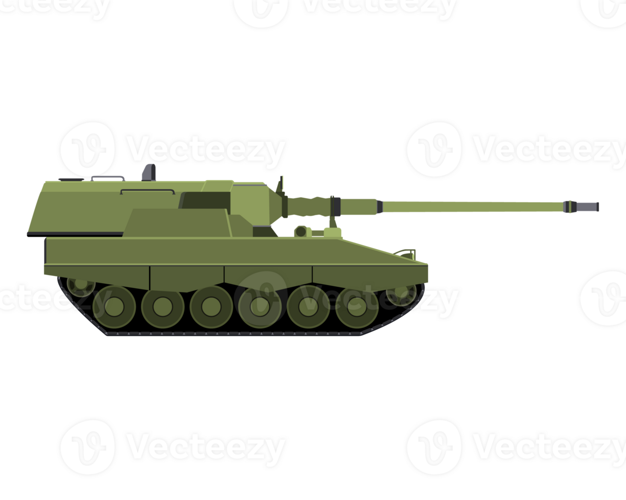 Self-propelled howitzer in flat style. German 155 mm Panzerhaubitze 2000. Military armored vehicle. Detailed PNG colorful illustration.