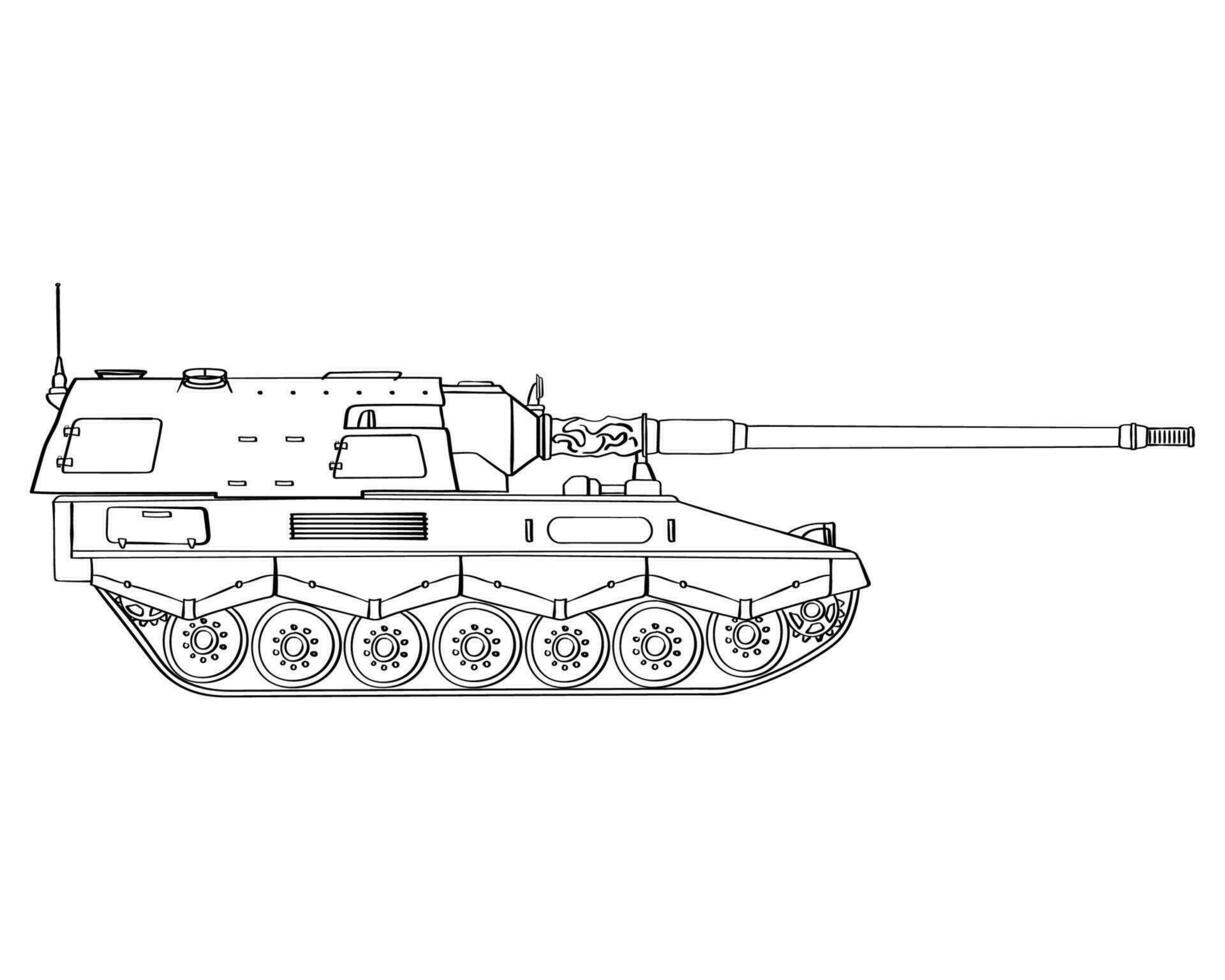 Military armored vehicle doodle. Self-propelled howitzer. German 155 mm Panzerhaubitze 2000. Vector illustration isolated on white background.