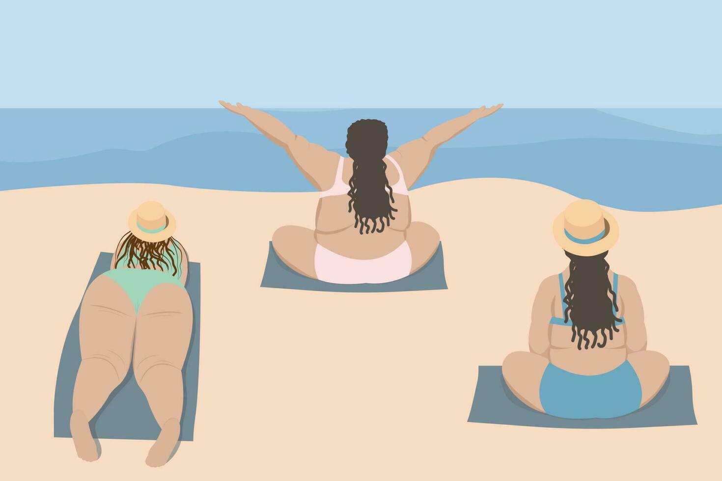 Three overweight mature women in swimsuits overlooking the sea do sports and meditate vector