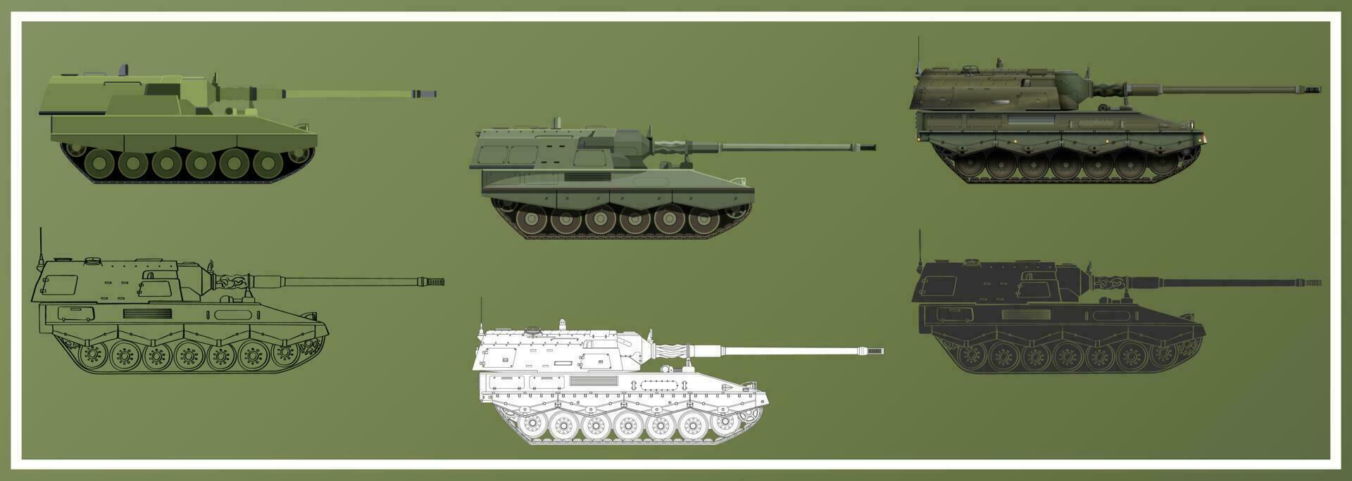 Artillery system SET. Self-propelled howitzer. German 155 mm Panzerhaubitze 2000. Military armored vehicle. Detailed colorful vector illustration isolated on white background.