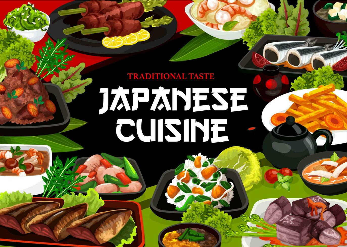 Japanese cuisine traditional dishes, food menu vector