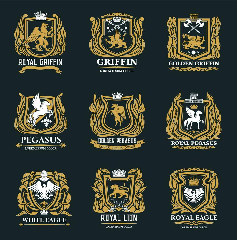 Griffin, eagle and pegasus golden heraldic icons vector