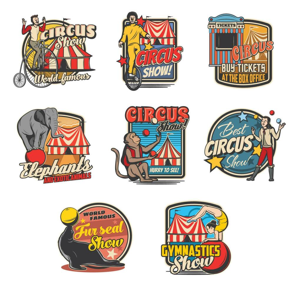 Circus tent, clown, acrobat, animal retro icons vector
