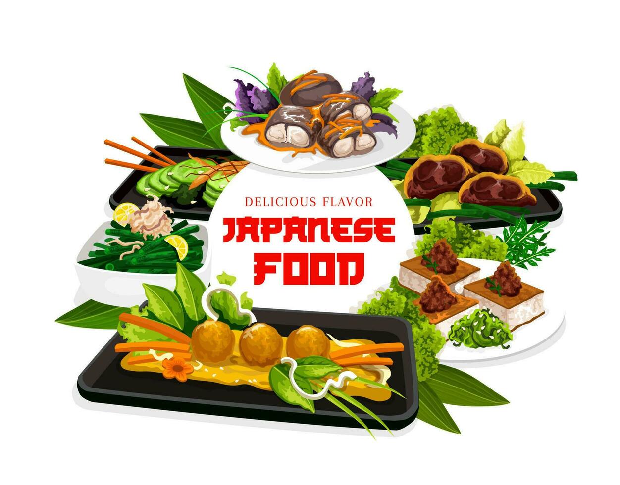 Japanese food traditional authentic cuisine dishes vector