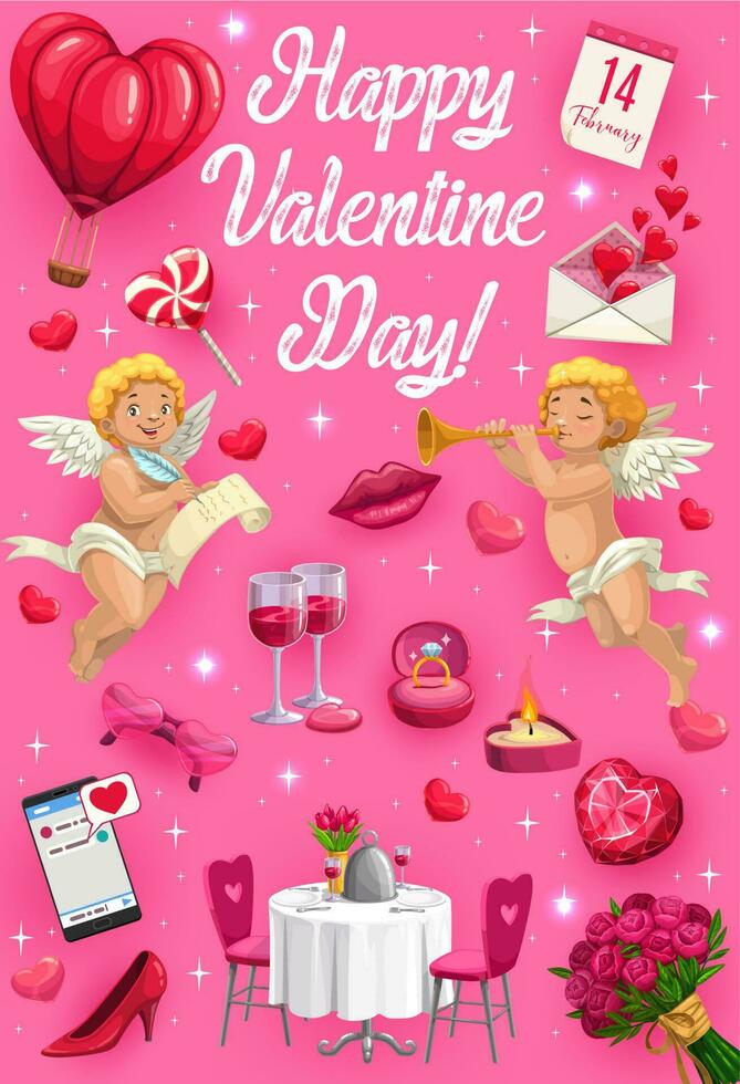 san valentin día símbolos, encantador cupidos, regalos vector