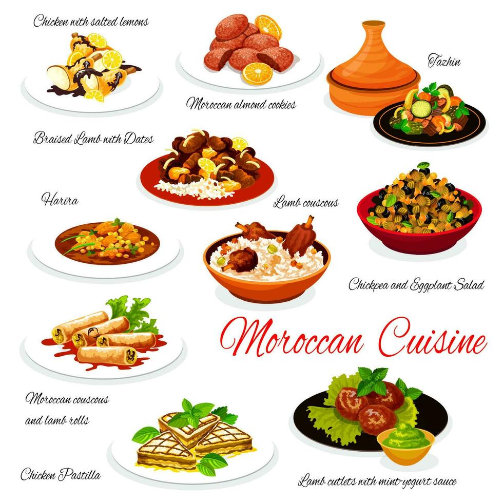 Moroccan food traditional authentic cuisine dishes vector