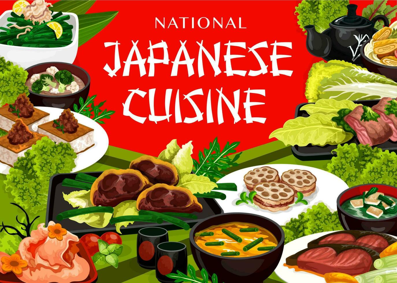 Japanese cuisine traditional meal menu dishes vector