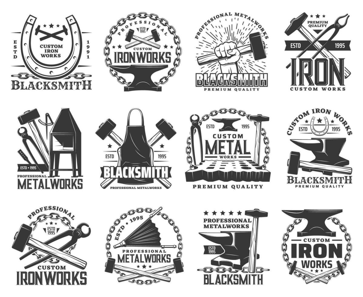 Blacksmith, metal or iron work rool icons vector