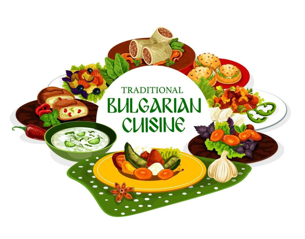 Cuisine of Bulgaria with meat and vegetable food vector