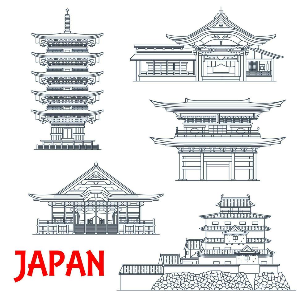 Japan temples, Japanese pagoda buildings Kamakura vector