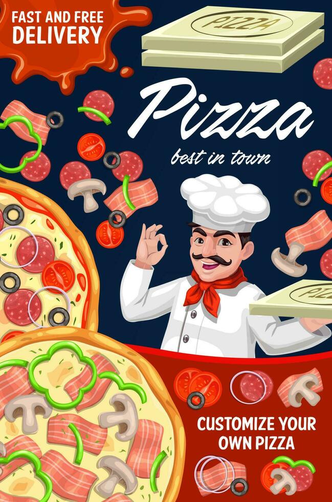 Pizza order delivery, pizzaiolo, Italian pizzeria vector