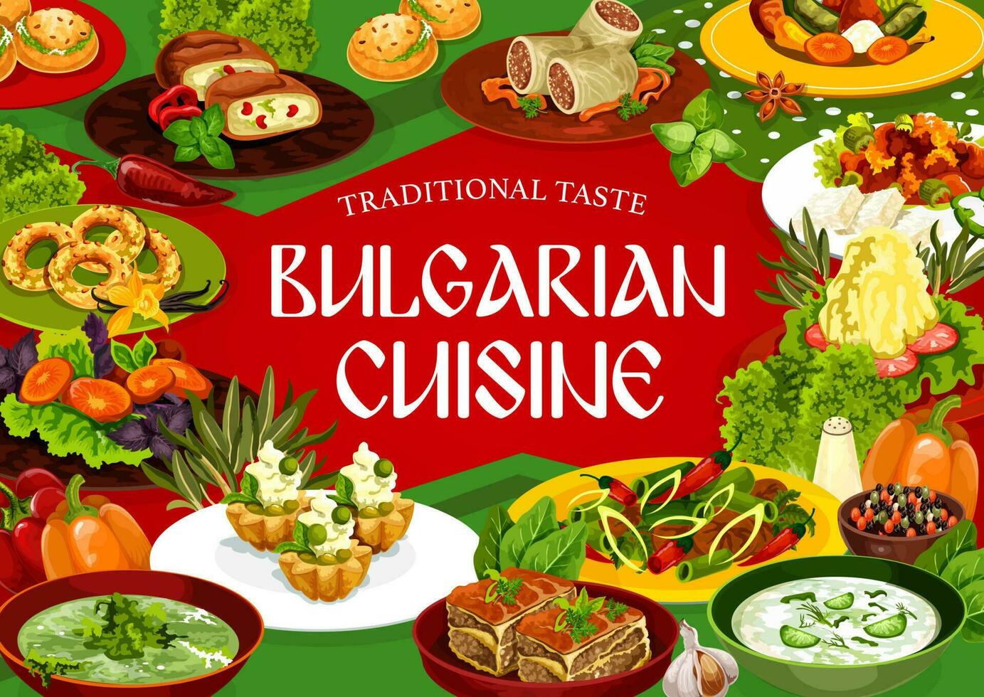 Bulgarian cuisine dishes of meat, vegetable food vector