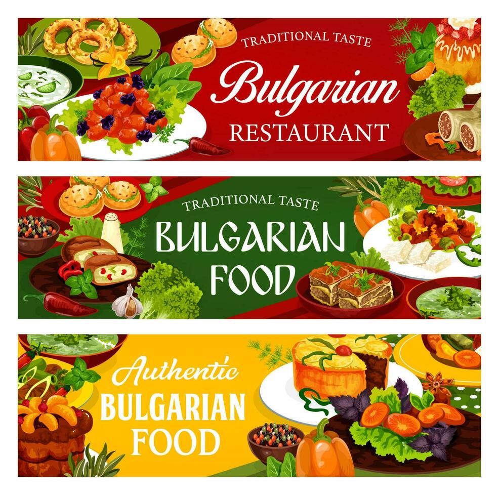 Bulgarian cuisine food dishes, vector banners