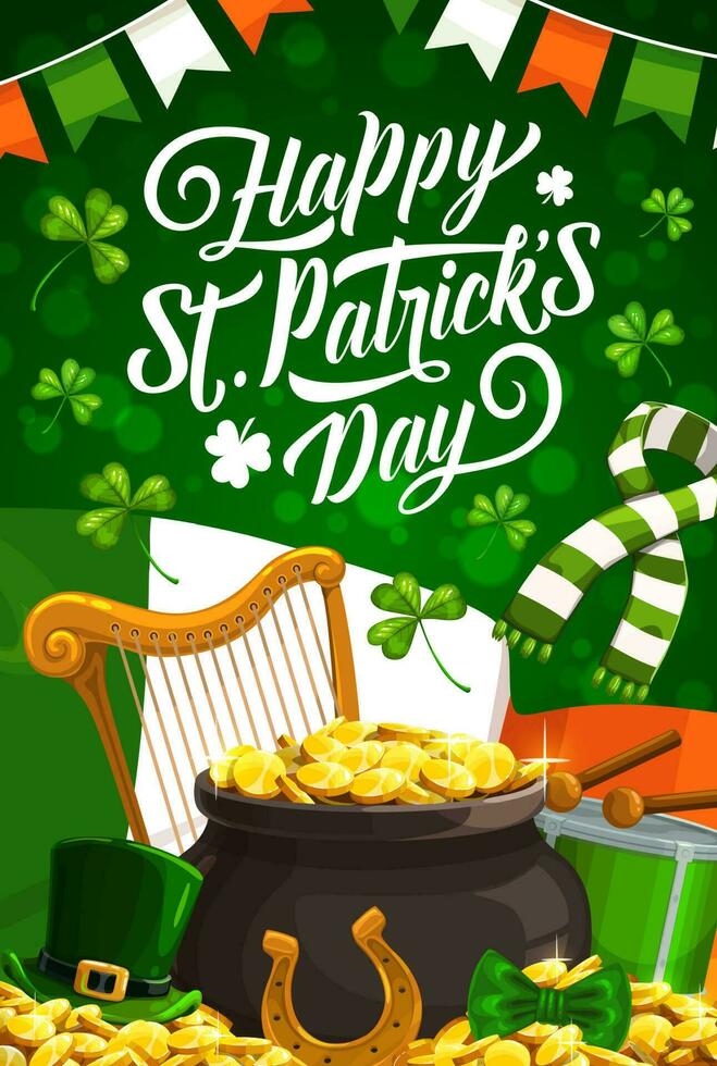 St Ptarick Day green hat, pot with gold, shamrock vector