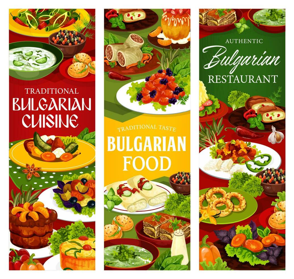 Bulgarian cuisine banners of soup, salad, dessert vector