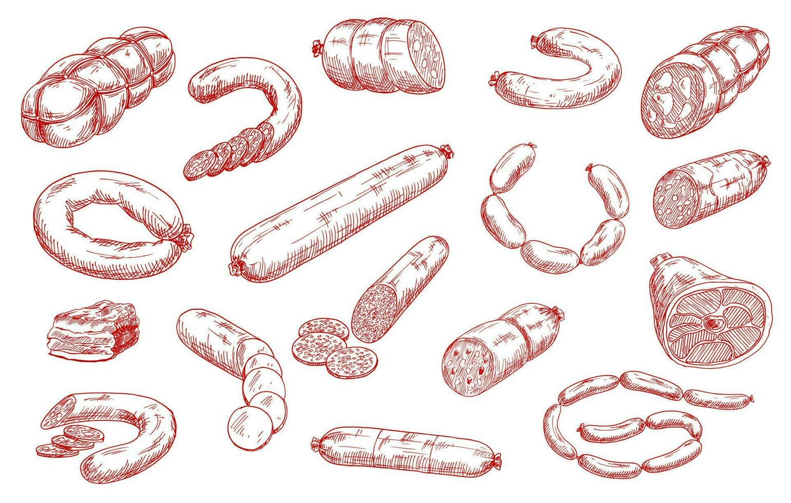 Sausages and meat products vector sketch set