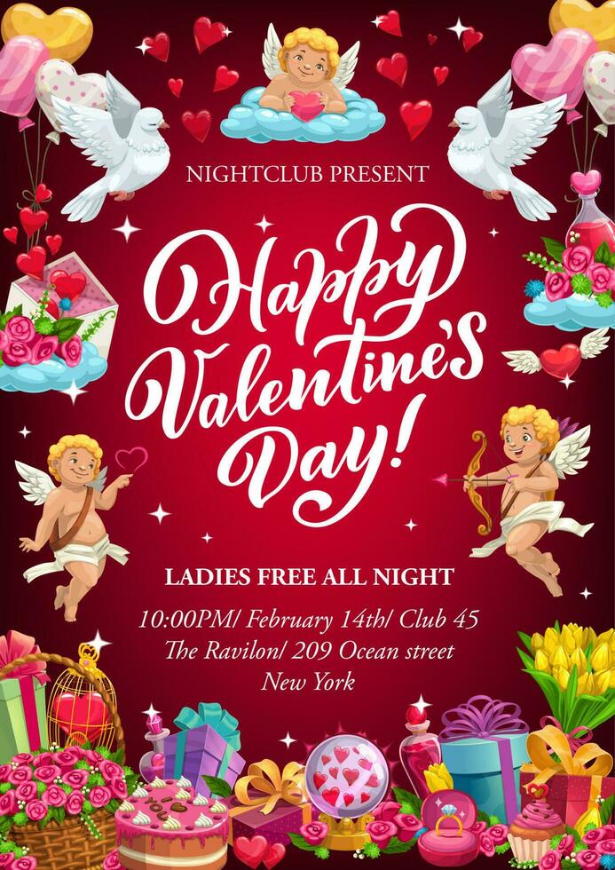 Cupids, love hearts, gifts. Valentines Day party vector