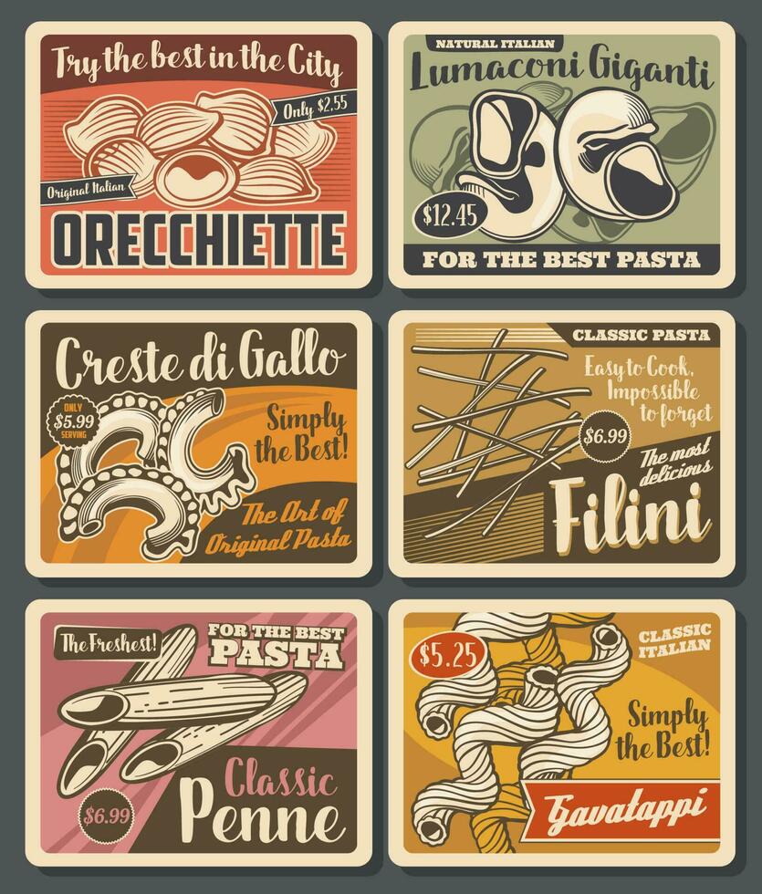 Italian pasta retro posters, vector macaroni set
