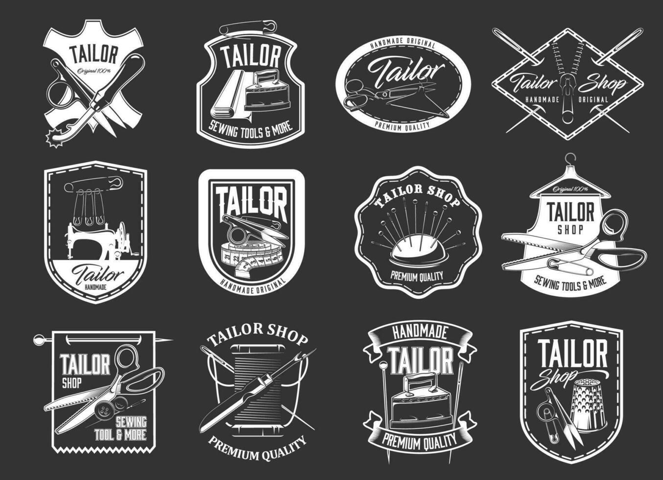 Tailor sewing icons, atelier and dressmaker shop vector