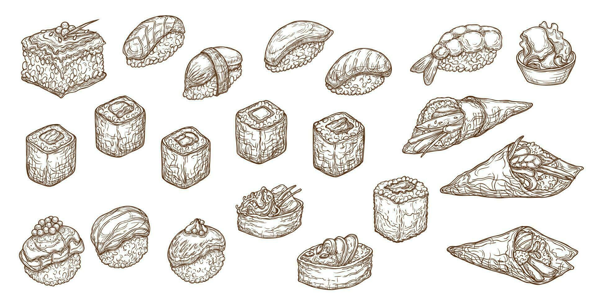 Sushi, sashimi or rolls vector sketch nigiri, maki