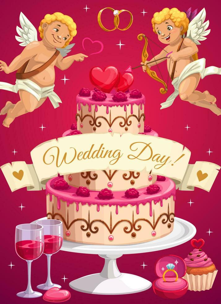 Wedding day cake and cupids, love hearts vector