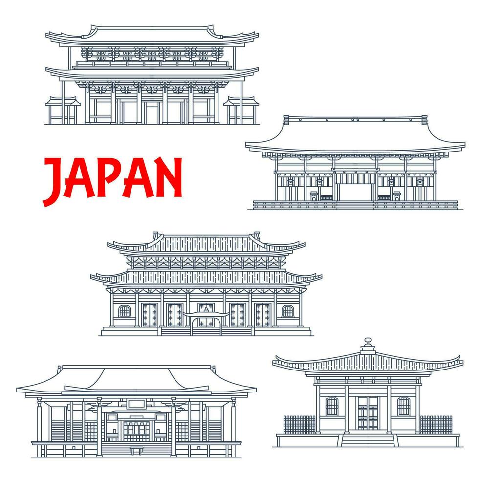 Japanese temples, shrines, Japan pagodas landmarks vector