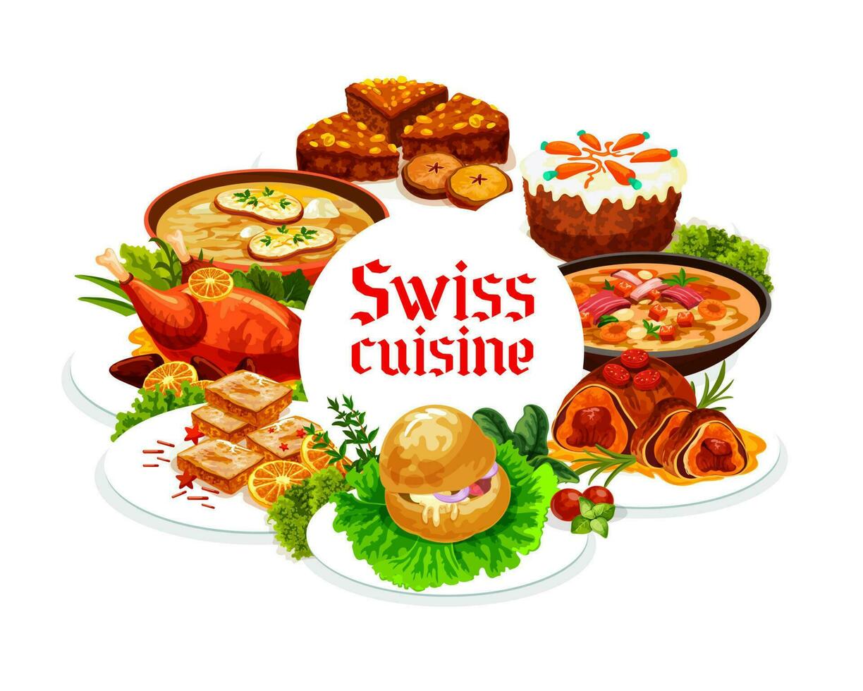 Swiss food cuisine vector dishes, round frame