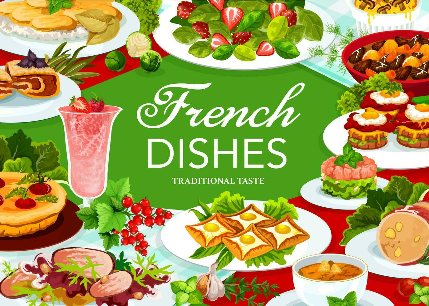 France cuisine vector French food, dishes poster