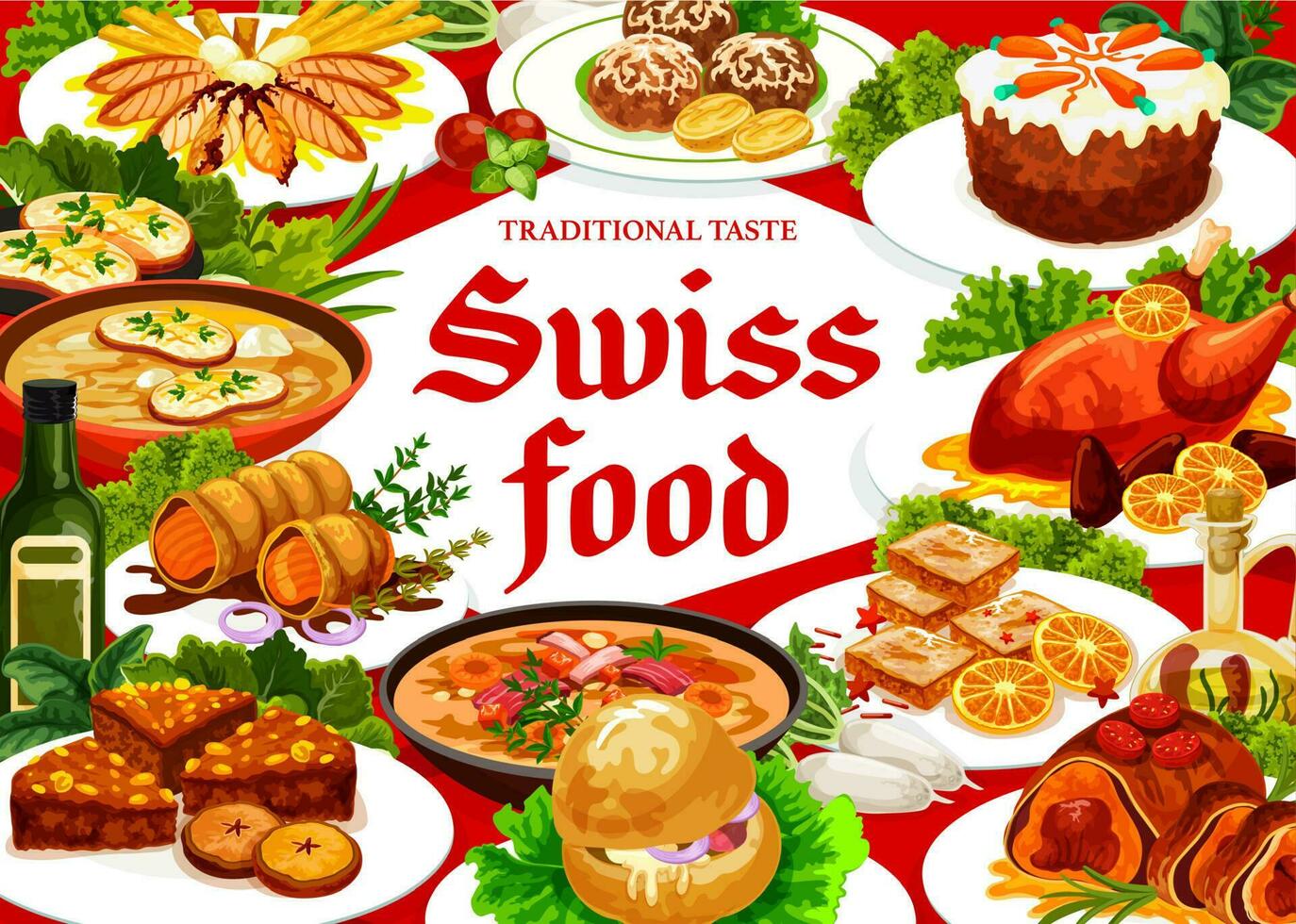 Swiss cuisine restaurant menu with dishes vector