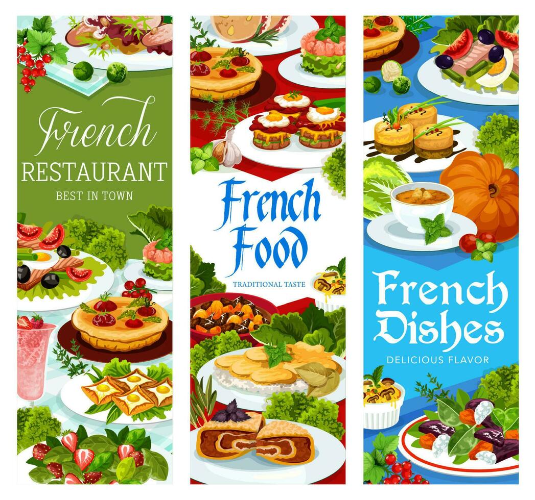 francés alimento, Francia cocina vector platos pancartas