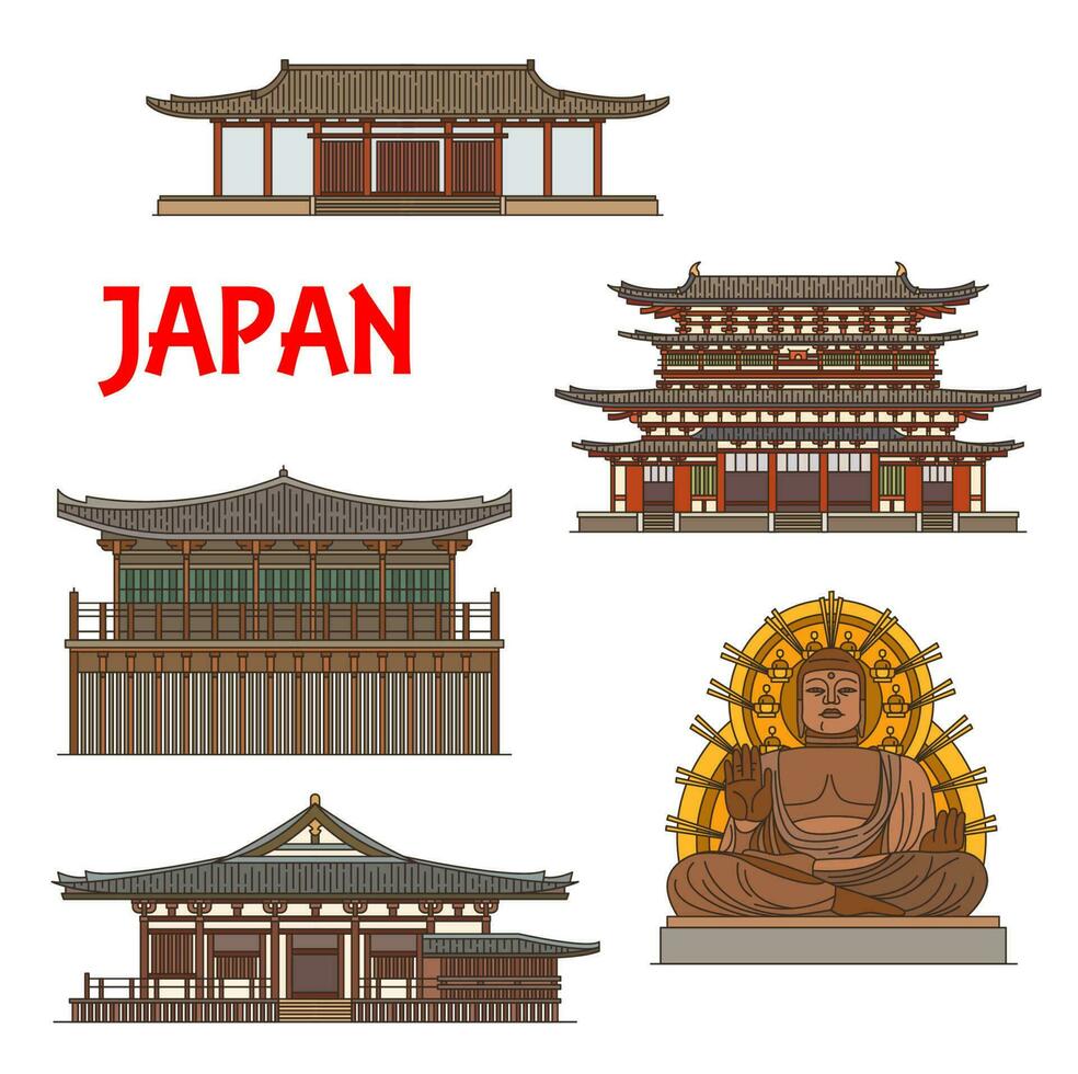 japonés templos, santuarios, pagodas en nara, Japón vector