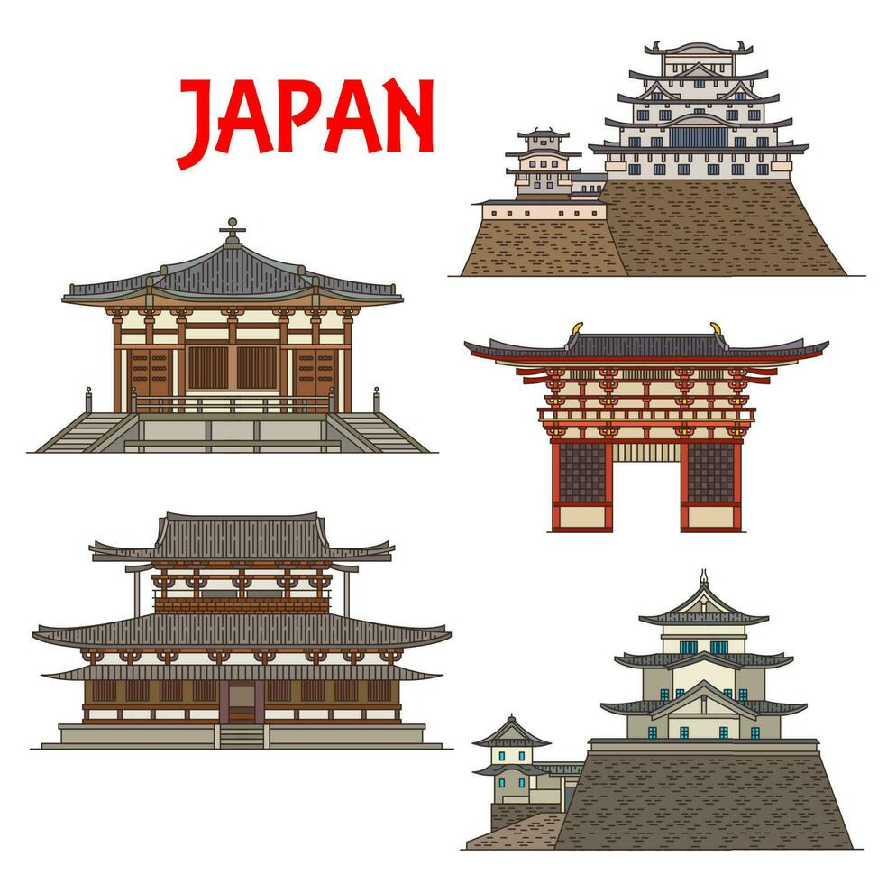 Japanese temples, shrines, pagodas, Japan castles vector