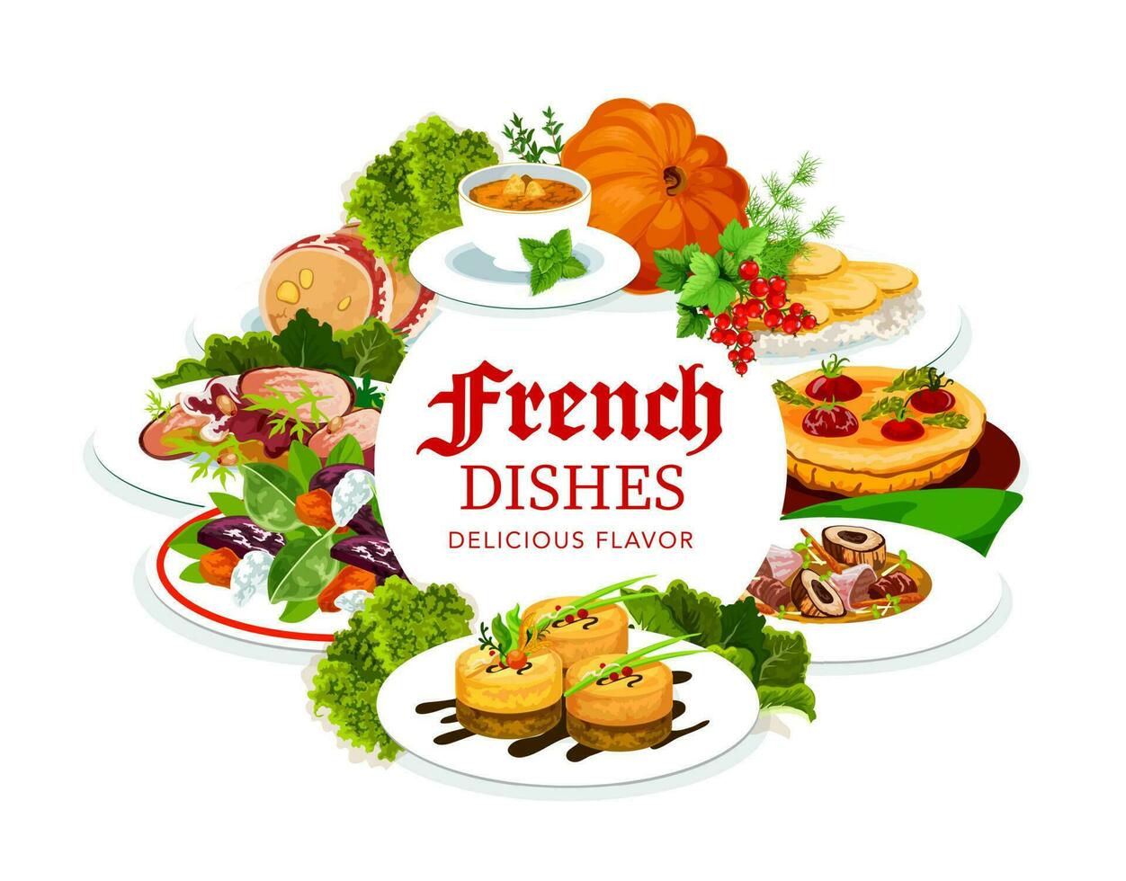 France cuisine vector French food, round frame