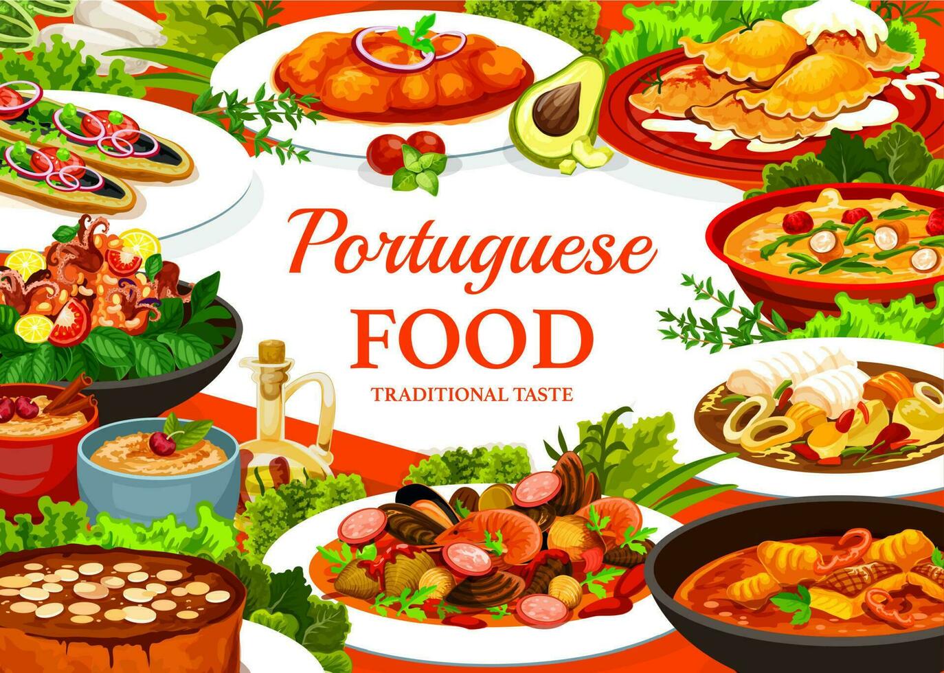 portugués comidas vector póster, Portugal cocina