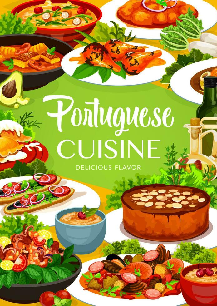 portugués cocina vector póster, Portugal comida