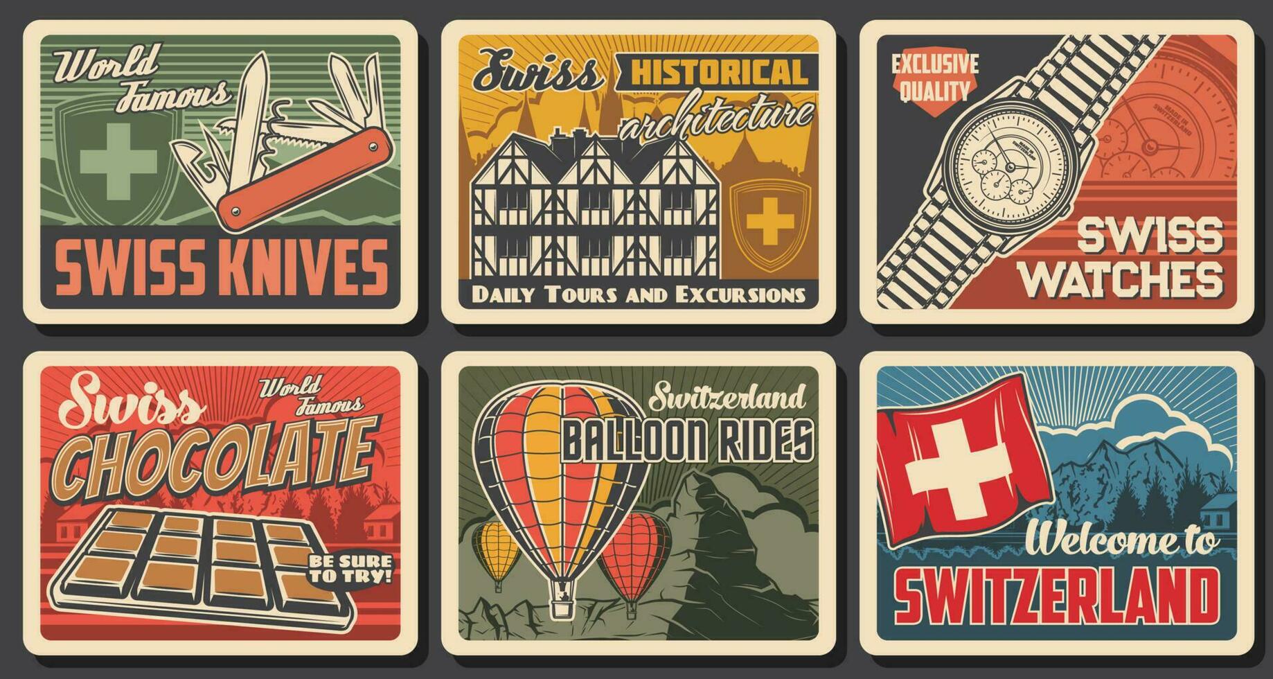 Swiss famous objects and landmarks vector posters