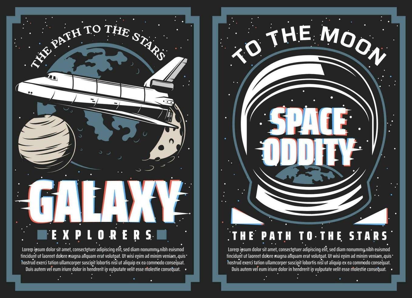 galaxia exploradores, espacio viaje vector pancartas