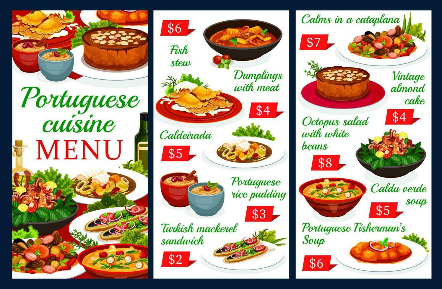 Portuguese cuisine vector menu, Portugal meals