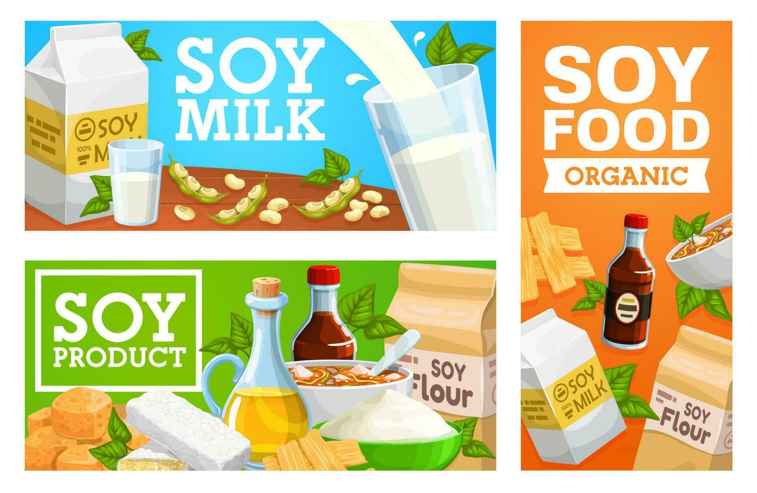 Organic soybeans food, soy milk vector banner