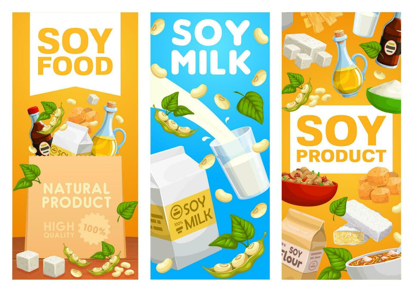 Soy food products, vegetarian milk vector posters