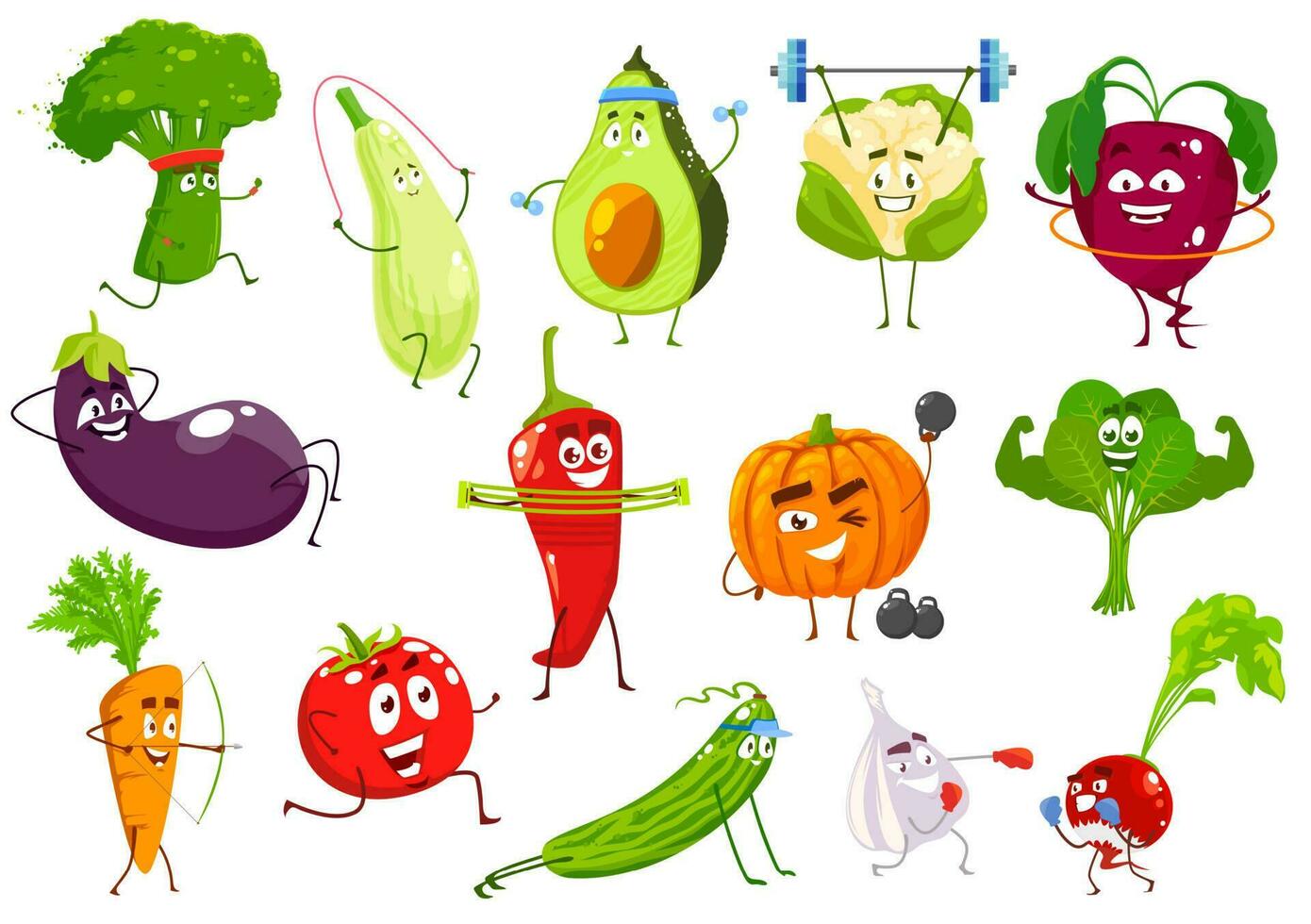 Vegetables sportsmen, vector cartoon veggies set