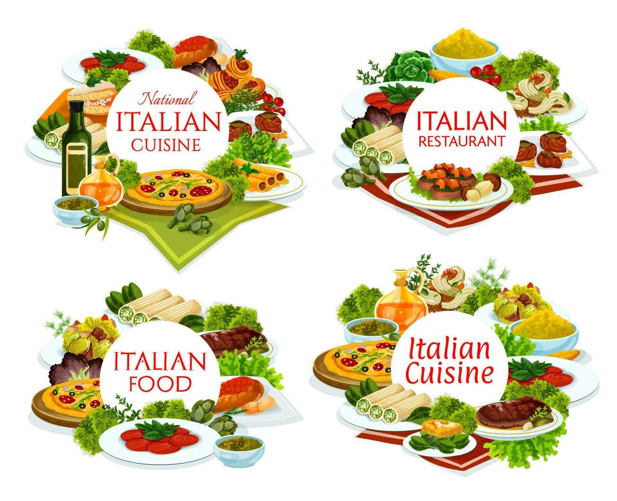 Italian cuisine restaurant dishes round banners vector