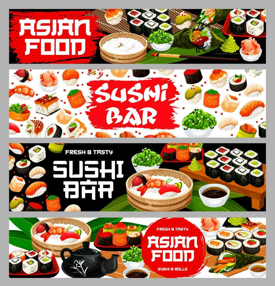 Asian food sushi and rolls, Japanese restaurant vector