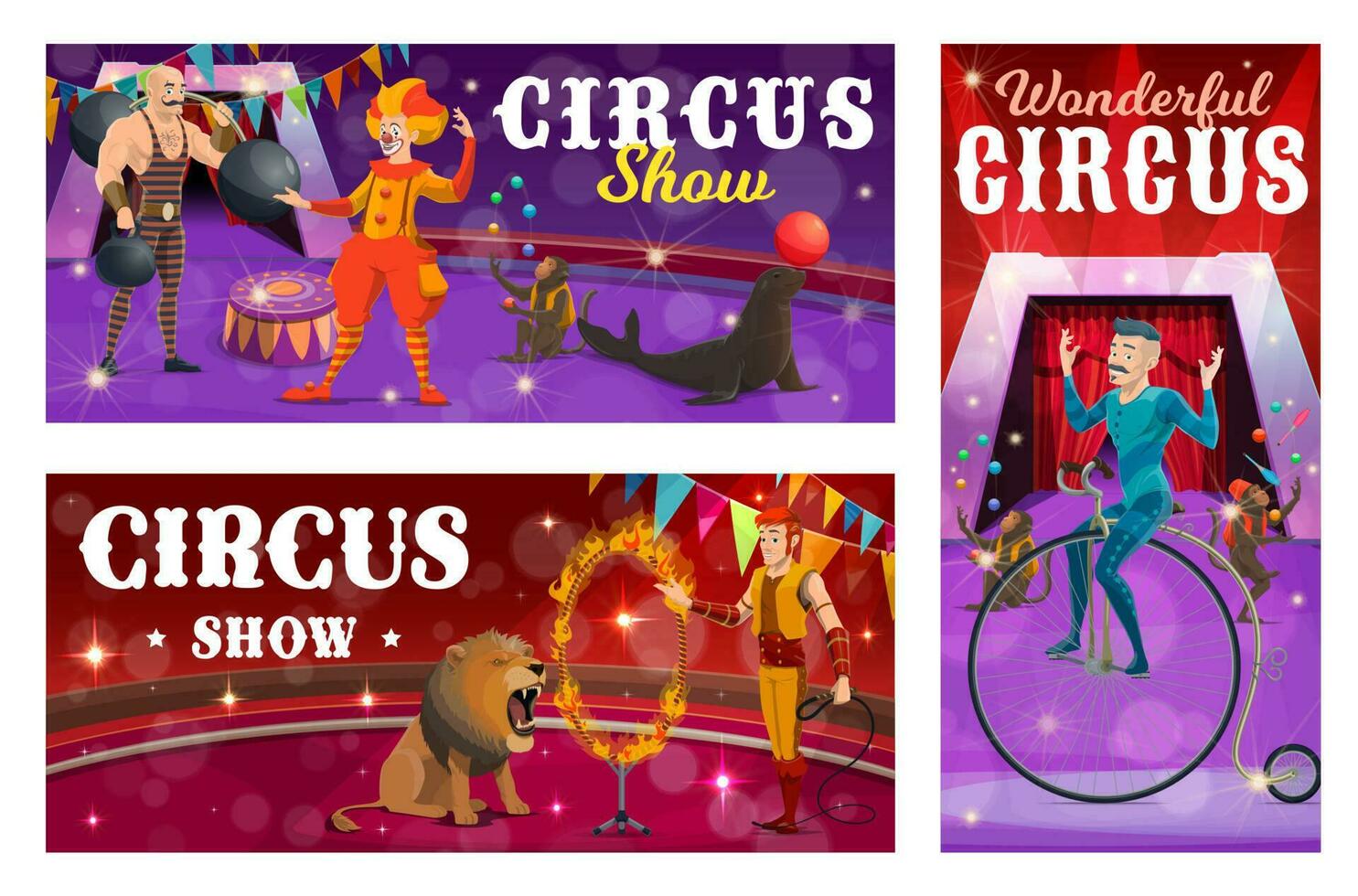 Circus banners strongman, lion and retro bicyclist vector