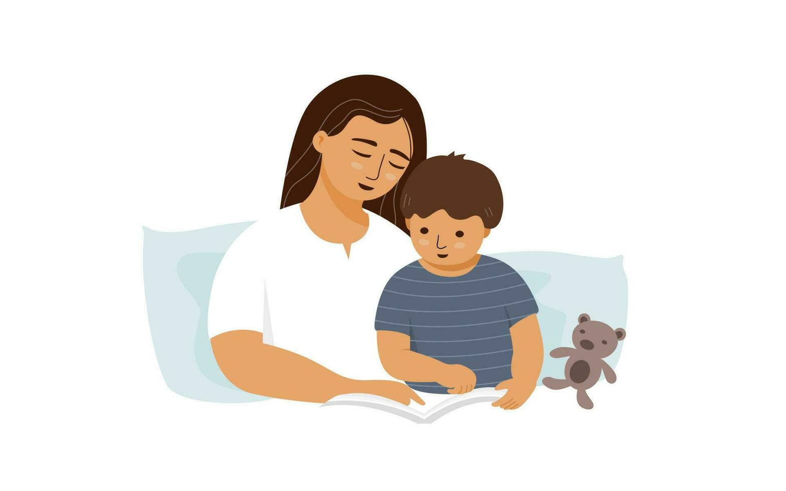 Mother and child boy reading a book with pillow and a dall, flat vector illustration.