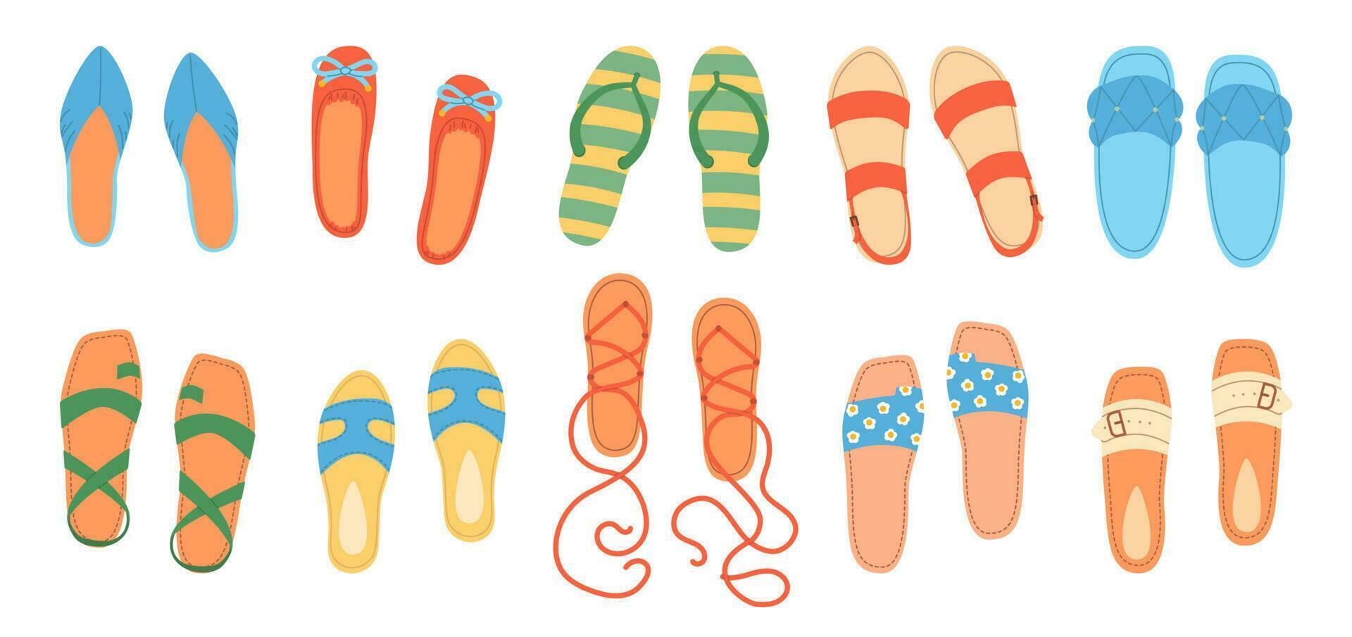 Big set female summer shoes. Sandals, mules, ballet flats, flip-flops. Stylish modern design. Flat hand drawn colorful vector illustration isolated on white background.