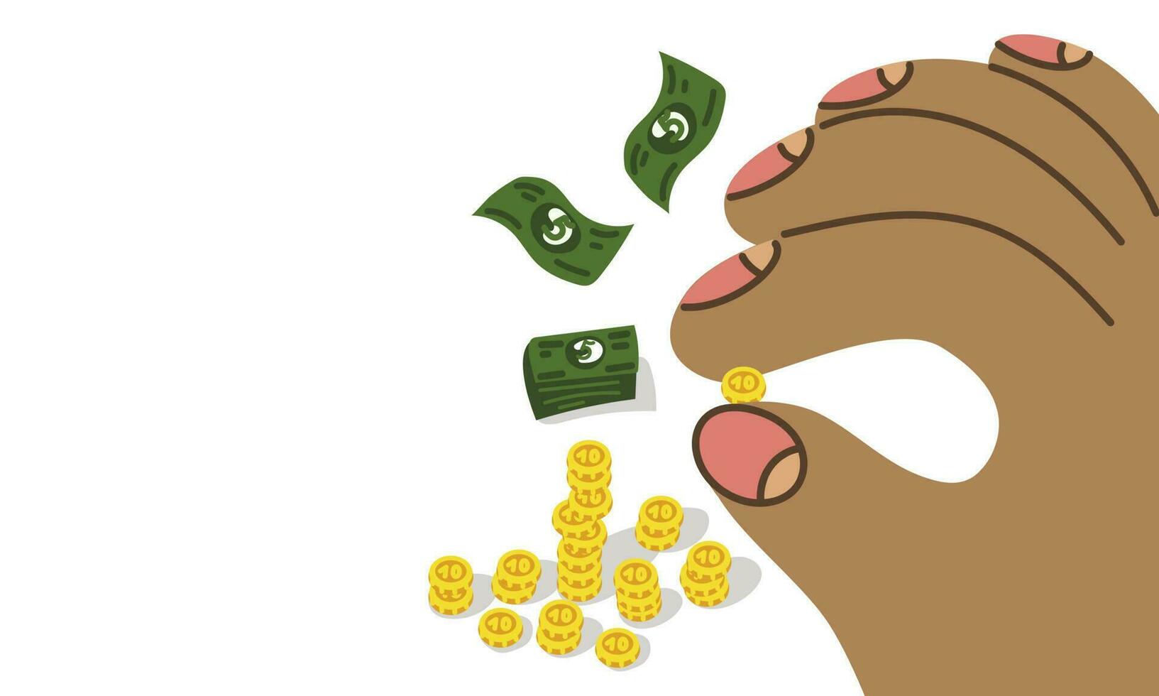 Giant hands holding tiny gold coins. Giant's hands. The concept of business, shop, money, salary. Hand-drawn fashionable vector illustration. Cartoon style. Templates for banner design, websites
